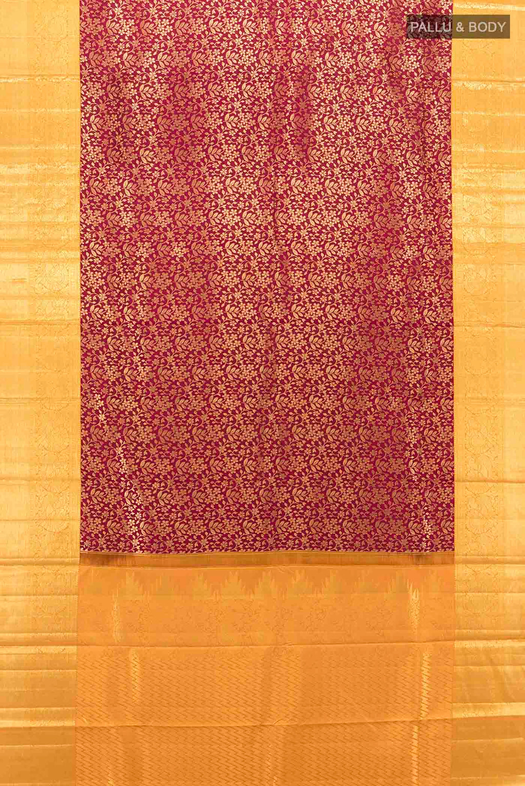 Flat view of Magenta Kanchipuram Silk Saree with Zari Brocade on the body and Silk Border