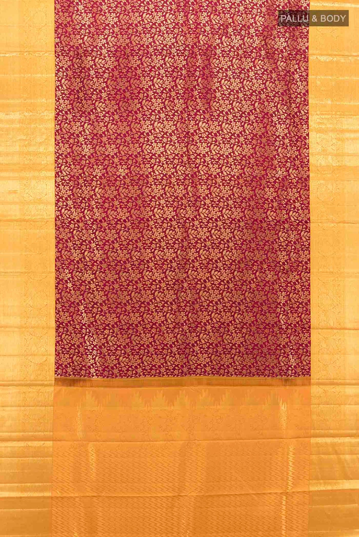 Flat view of Magenta Kanchipuram Silk Saree with Zari Brocade on the body and Silk Border