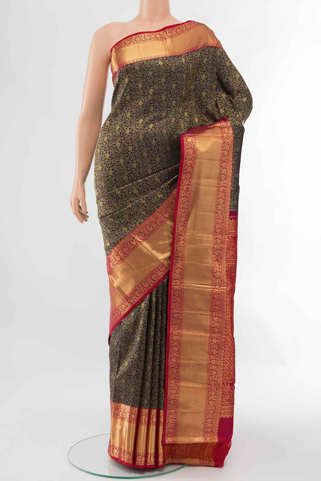 Navy Blue Kanchipuram Silk Saree with Zari Butta on the body and Silk Border displayed on a mannequin