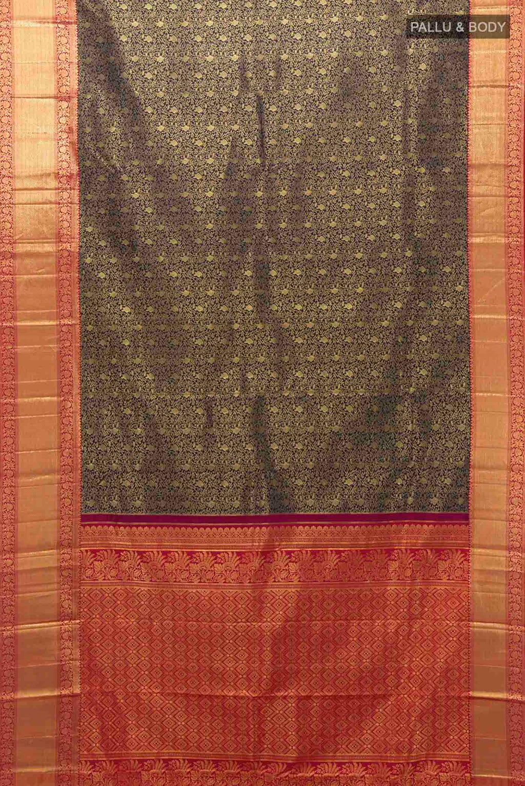 Flat view of Navy Blue Kanchipuram Silk Saree with Zari Butta on the body and Silk Border
