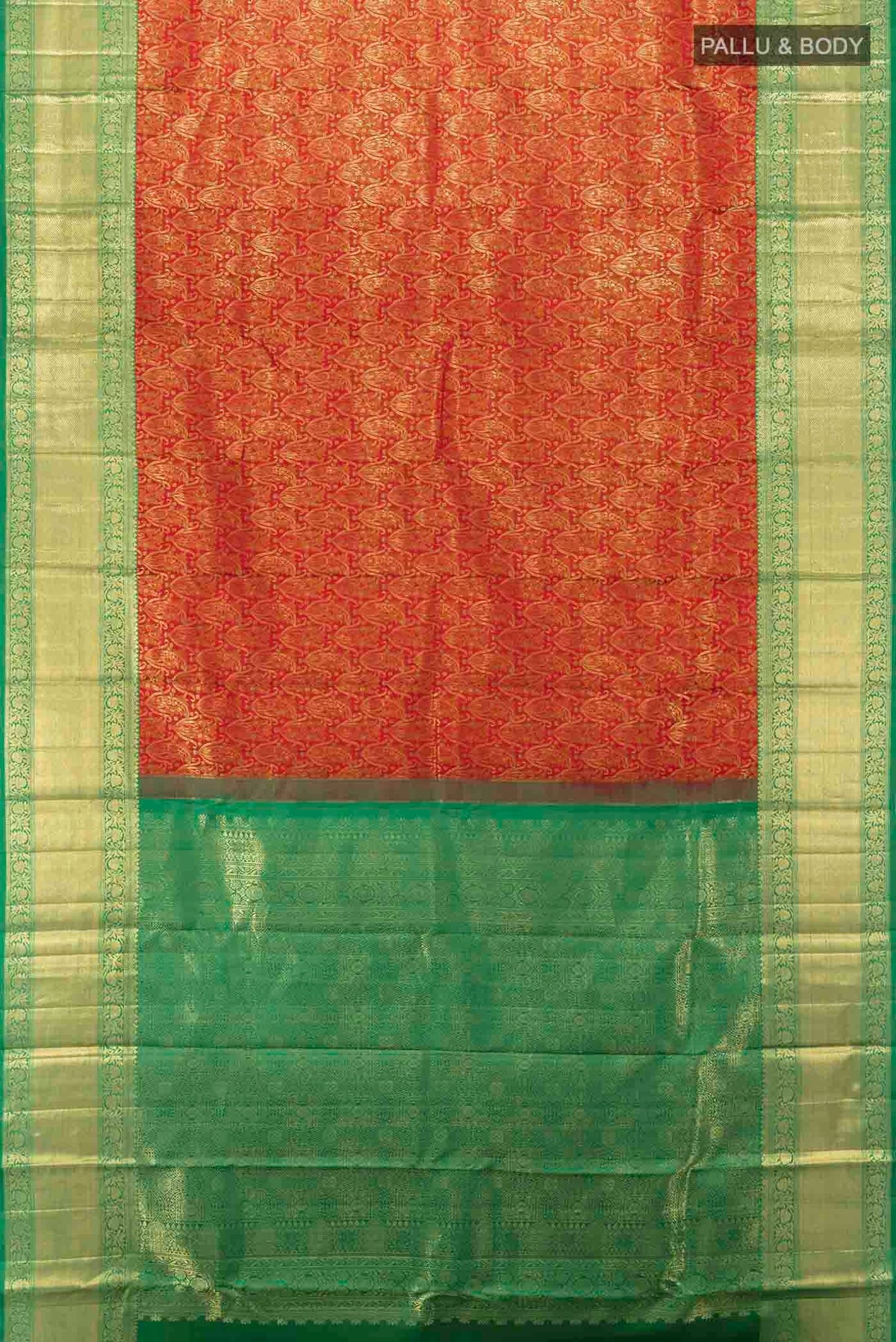 Flat view of Red Kanchipuram Silk Saree with Zari Butta on the body and Silk Border