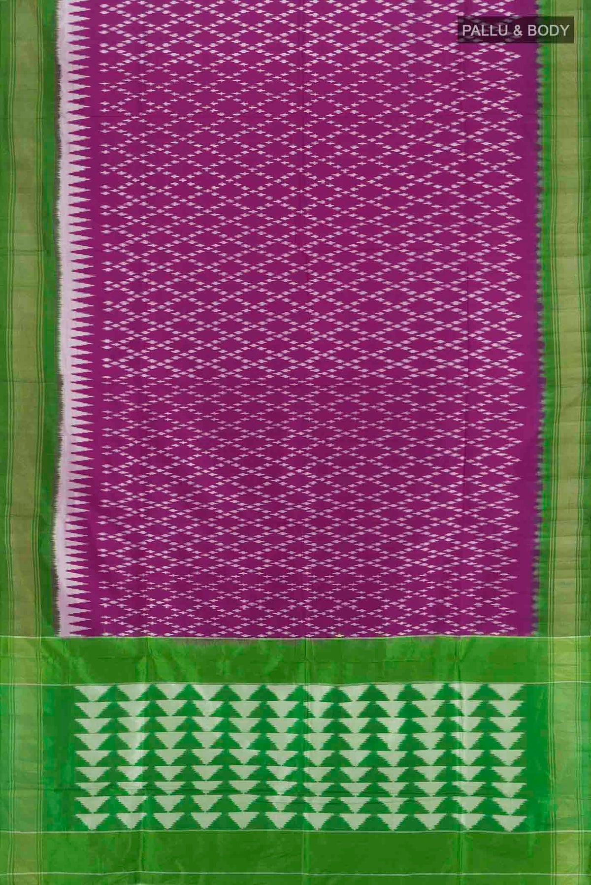 Flat view of Purple Pochampally Saree with Ikat Print on the body and Silk Border. 