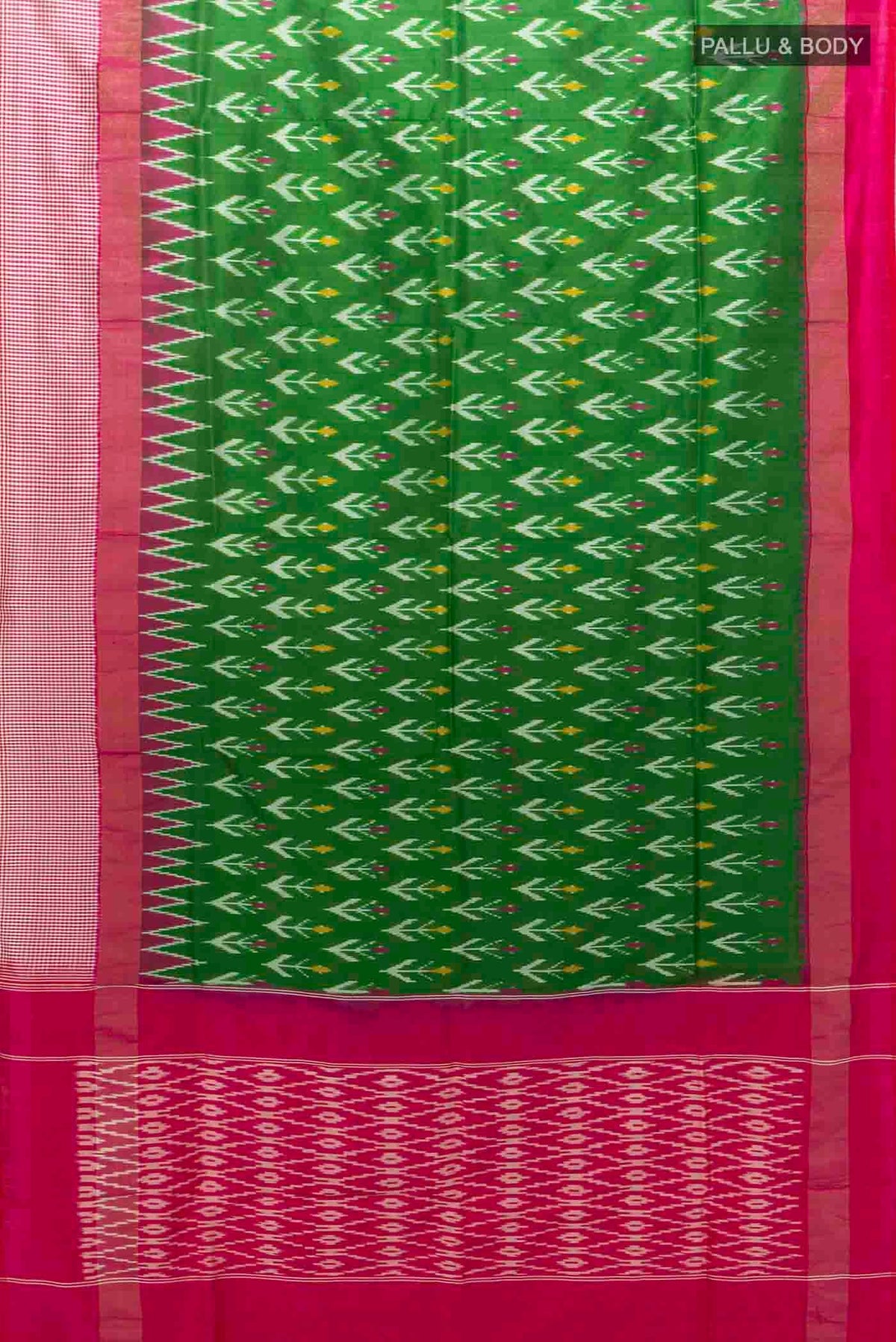 Flat view of Green Pochampally Silk Saree with Pure Ikat on the body and Checks Border