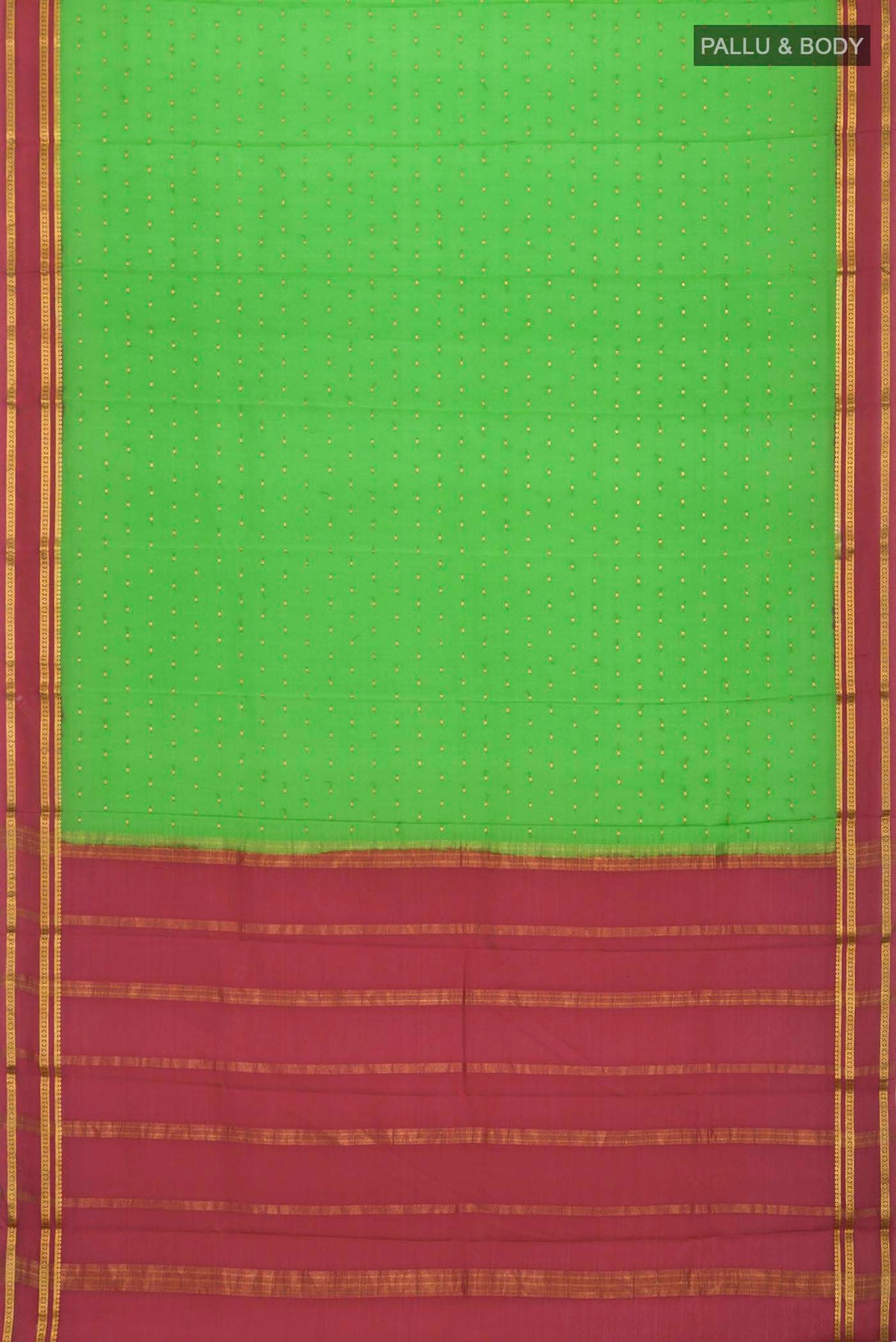Flat view of Green Mysore Crepe Saree with Zari Butta on the body and Zari Border