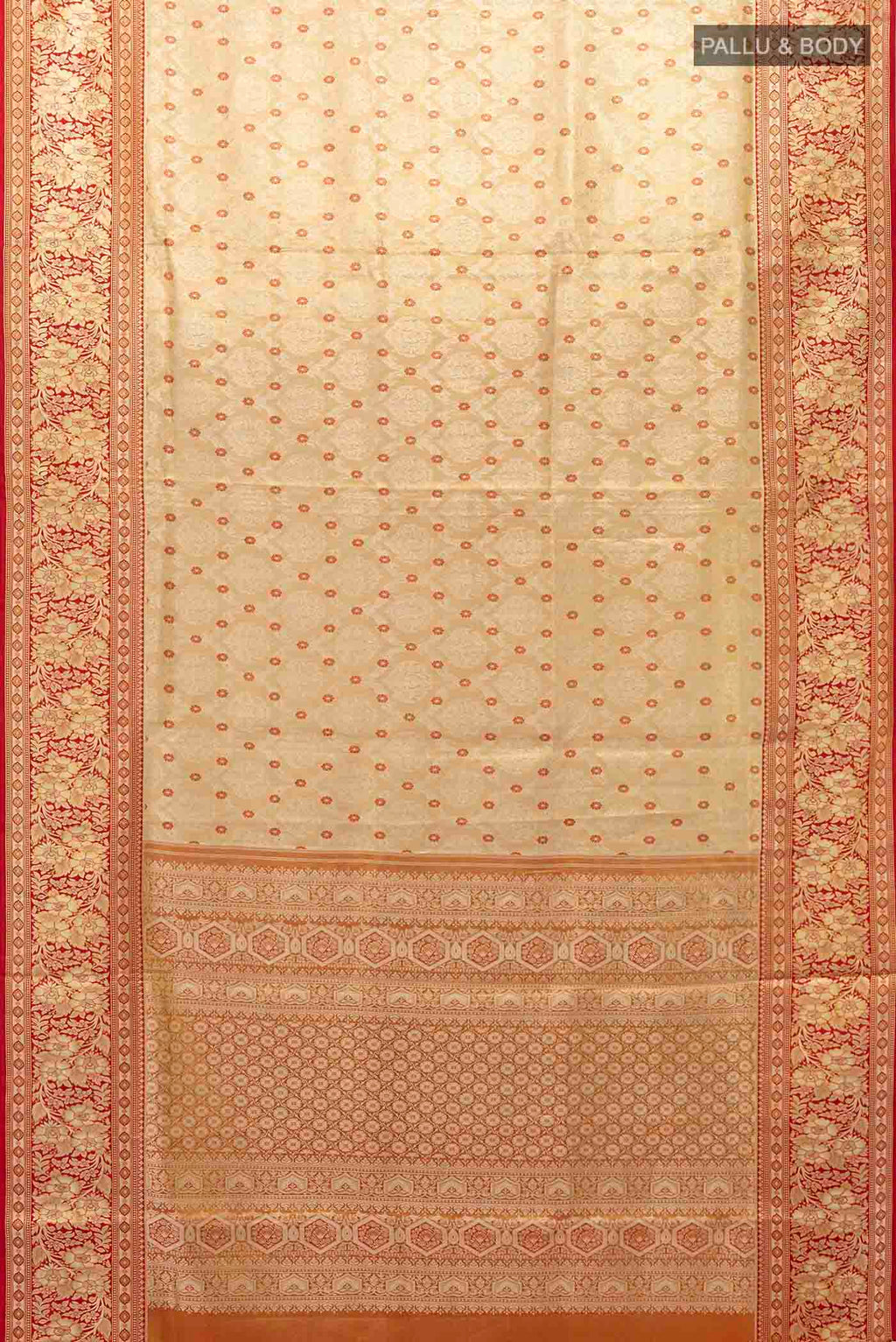 Flat view of Gold Kanchipuram Tissue Silk Saree with Zari Brocade on the body and Zari Border