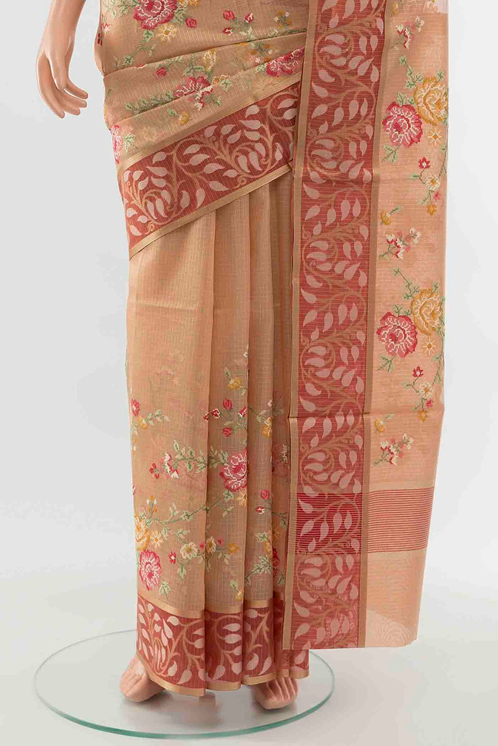 Pleats and pallu of Beige Art Silk Saree with Zari Butta on the body and Silk Border