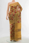 Mustard Tussar Saree with Floral Print on the body and Silk Border displayed on a mannequin