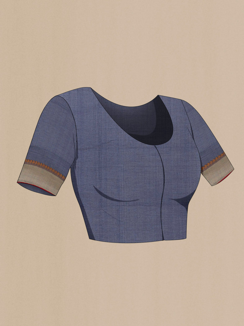 Close up image of the blouse of Navy Blue Coimbatore Cotton Saree with Ikat Print on the body and Thread Embroidery Border