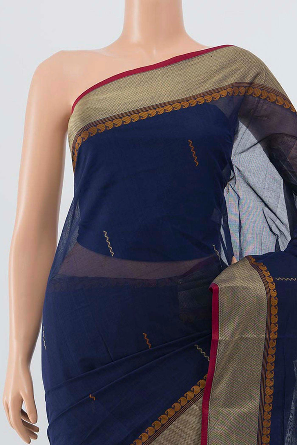 Border image of Navy Blue Coimbatore Cotton Saree with Ikat Print on the body and Thread Embroidery Border