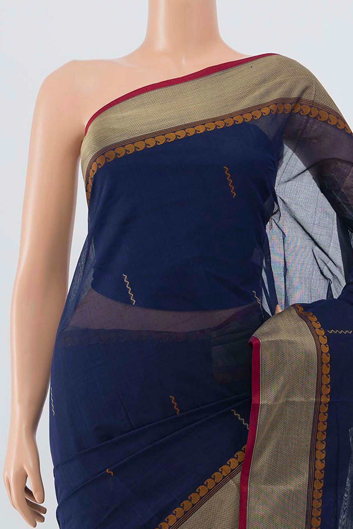 Border image of Navy Blue Coimbatore Cotton Saree with Ikat Print on the body and Thread Embroidery Border