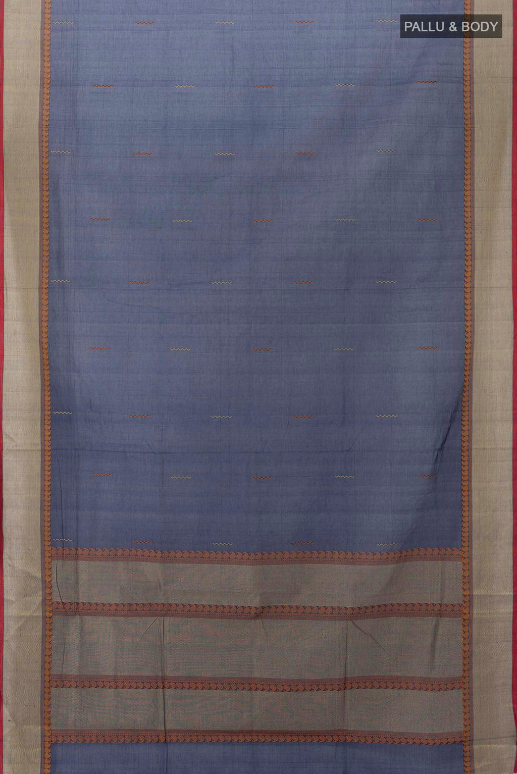 Flat view of Navy Blue Coimbatore Cotton Saree with Ikat Print on the body and Thread Embroidery Border