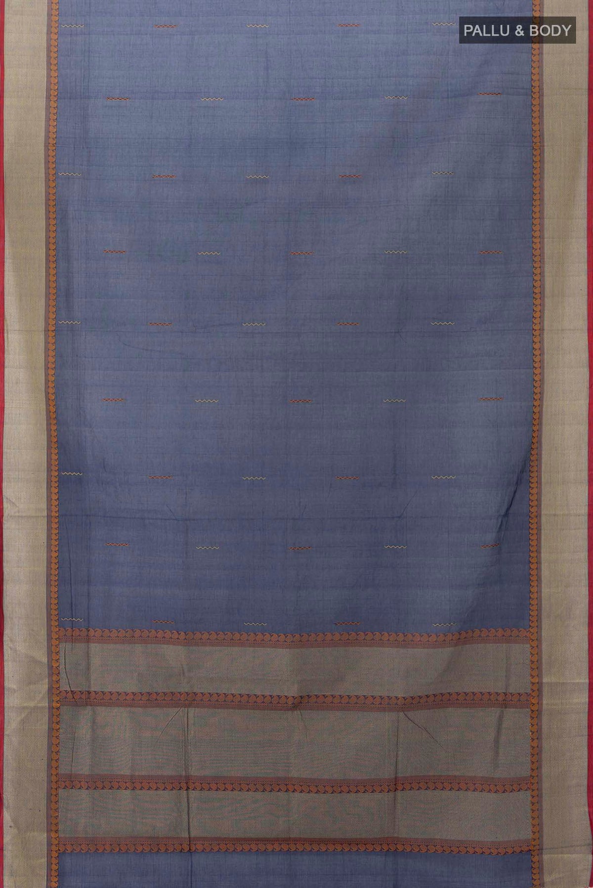 Flat view of Navy Blue Coimbatore Cotton Saree with Ikat Print on the body and Thread Embroidery Border