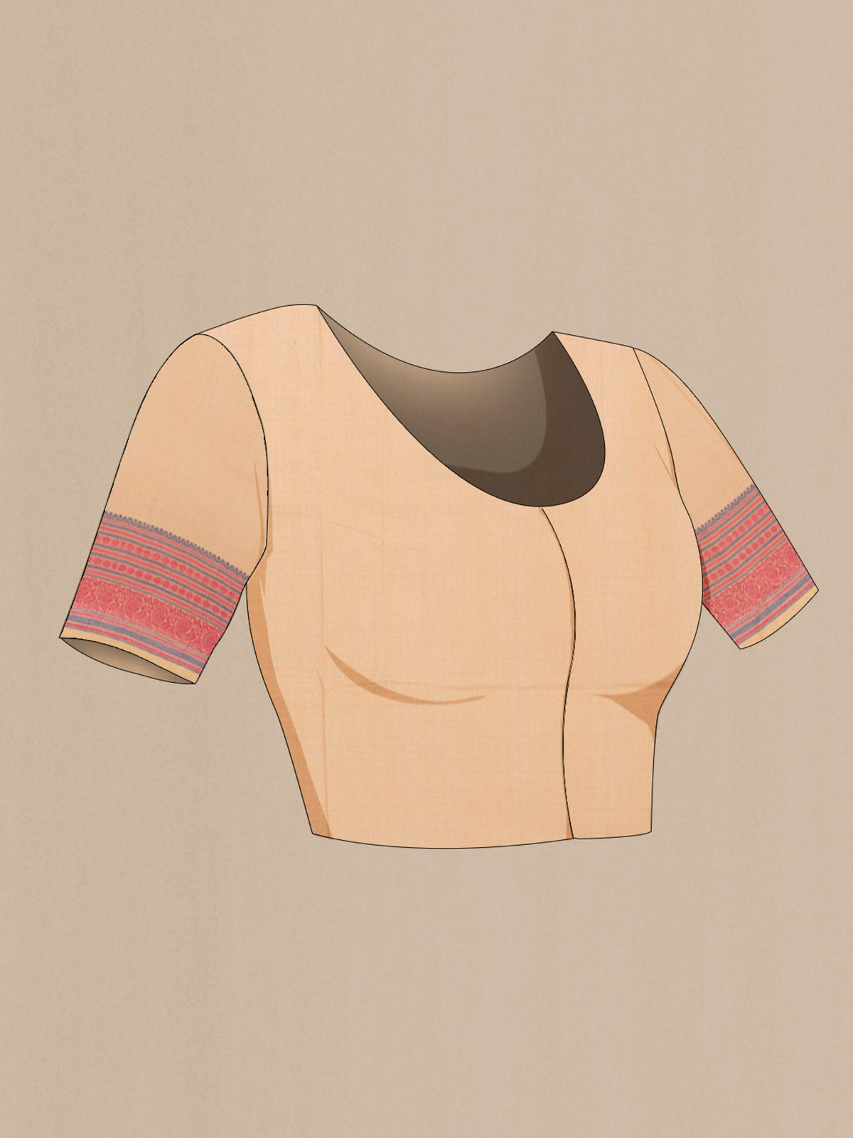 Close up image of the blouse of Beige Chettinad Cotton Saree with Thread Butta on the body and Thread Border