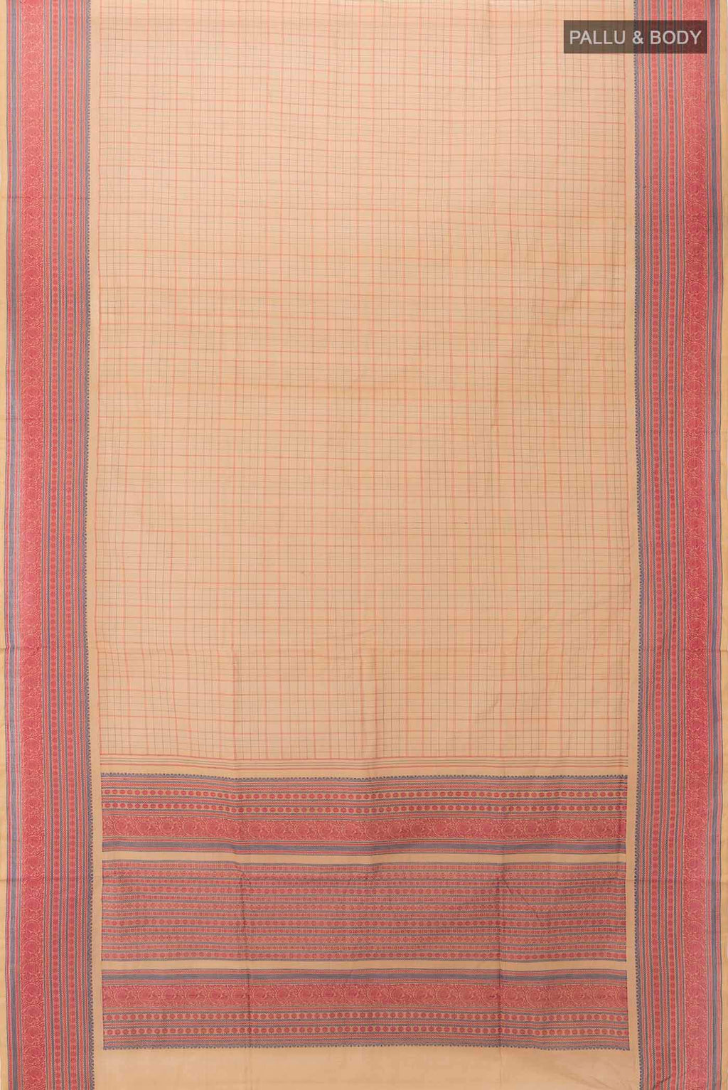 Flat view of Beige Chettinad Cotton Saree with Thread Butta on the body and Thread Border