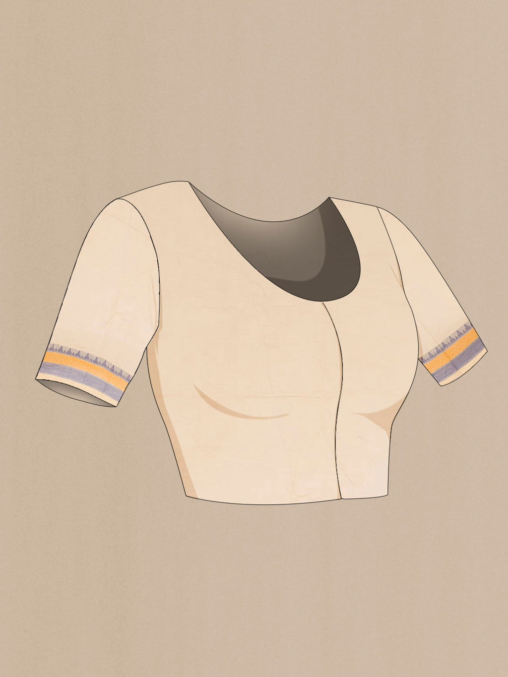 Close up image of the blouse of Beige Coimbatore Cotton Saree with Thread Butta on the body and Thread Border