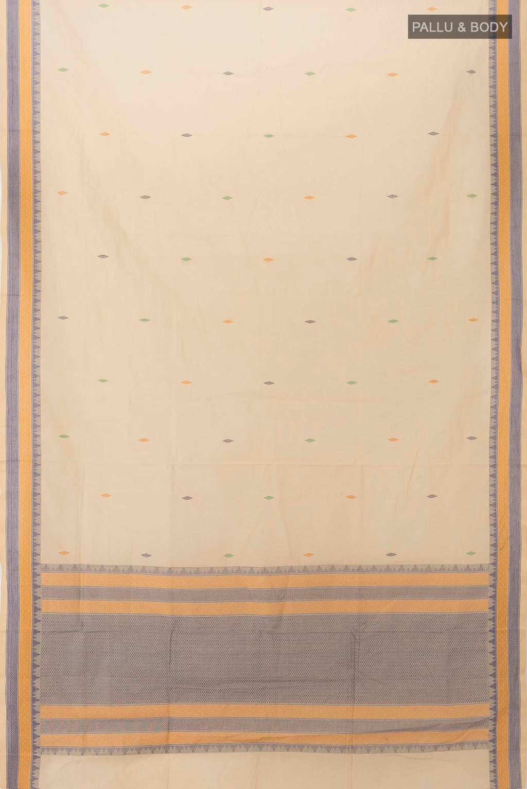 Flat view of Beige Coimbatore Cotton Saree with Thread Butta on the body and Thread Border