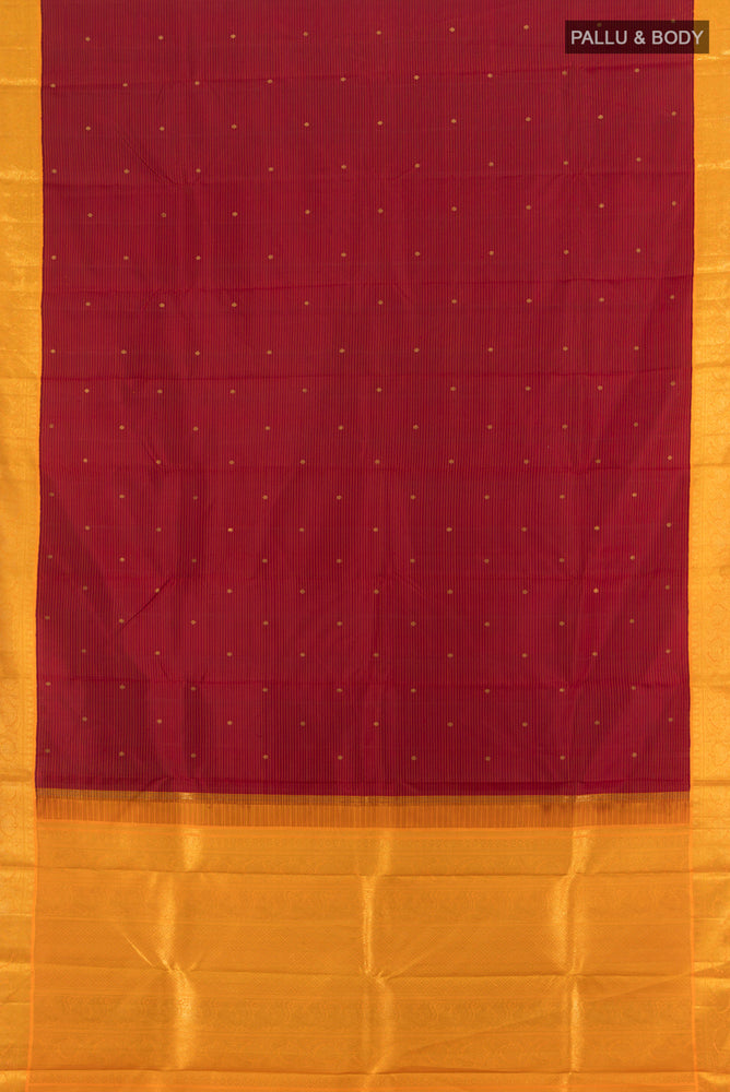 Flat view of Pure Silk Pure Zari Red Kanchipuram Saree with Zari Butta on the body and Zari Border. 