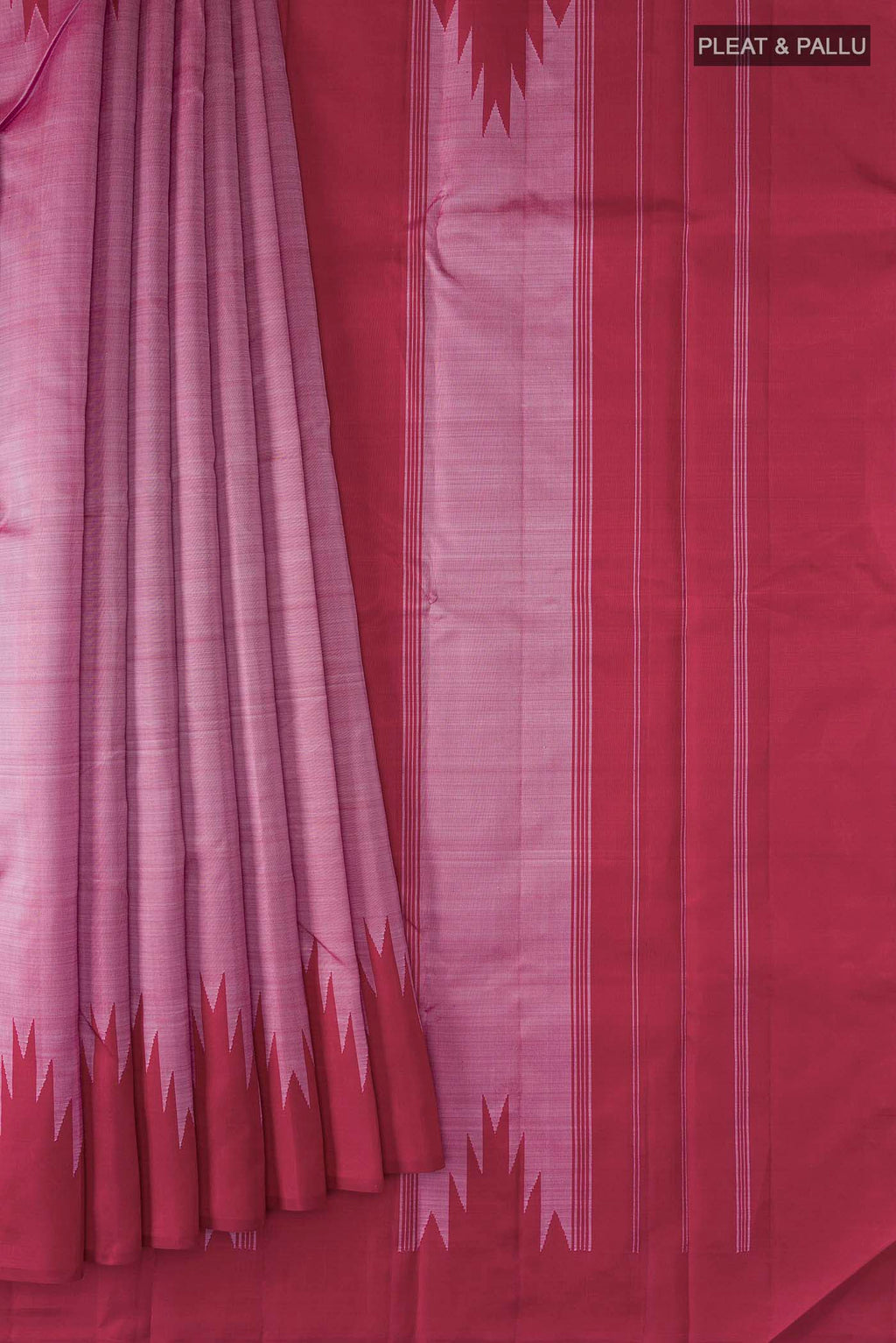 Pleats and pallu of Mauve Kanchipuram Silk Saree with Plain Body and Temple Border