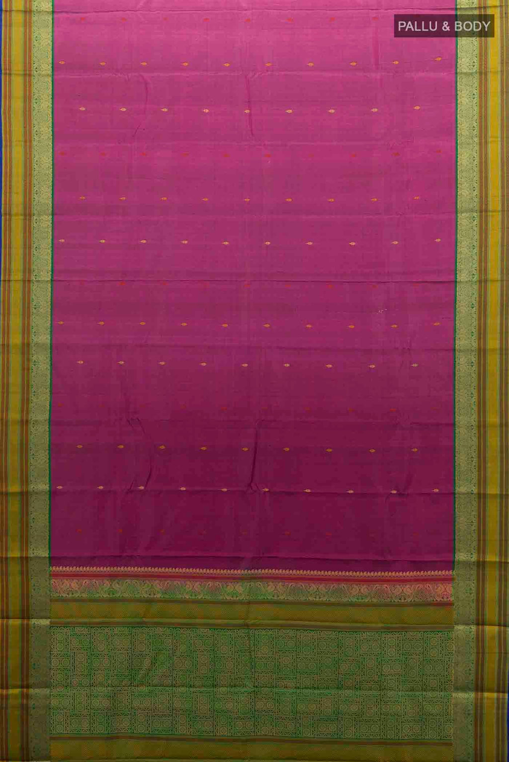 Flat view of Magenta Soft Silk Saree with Zari Butta on the body and Silk Border