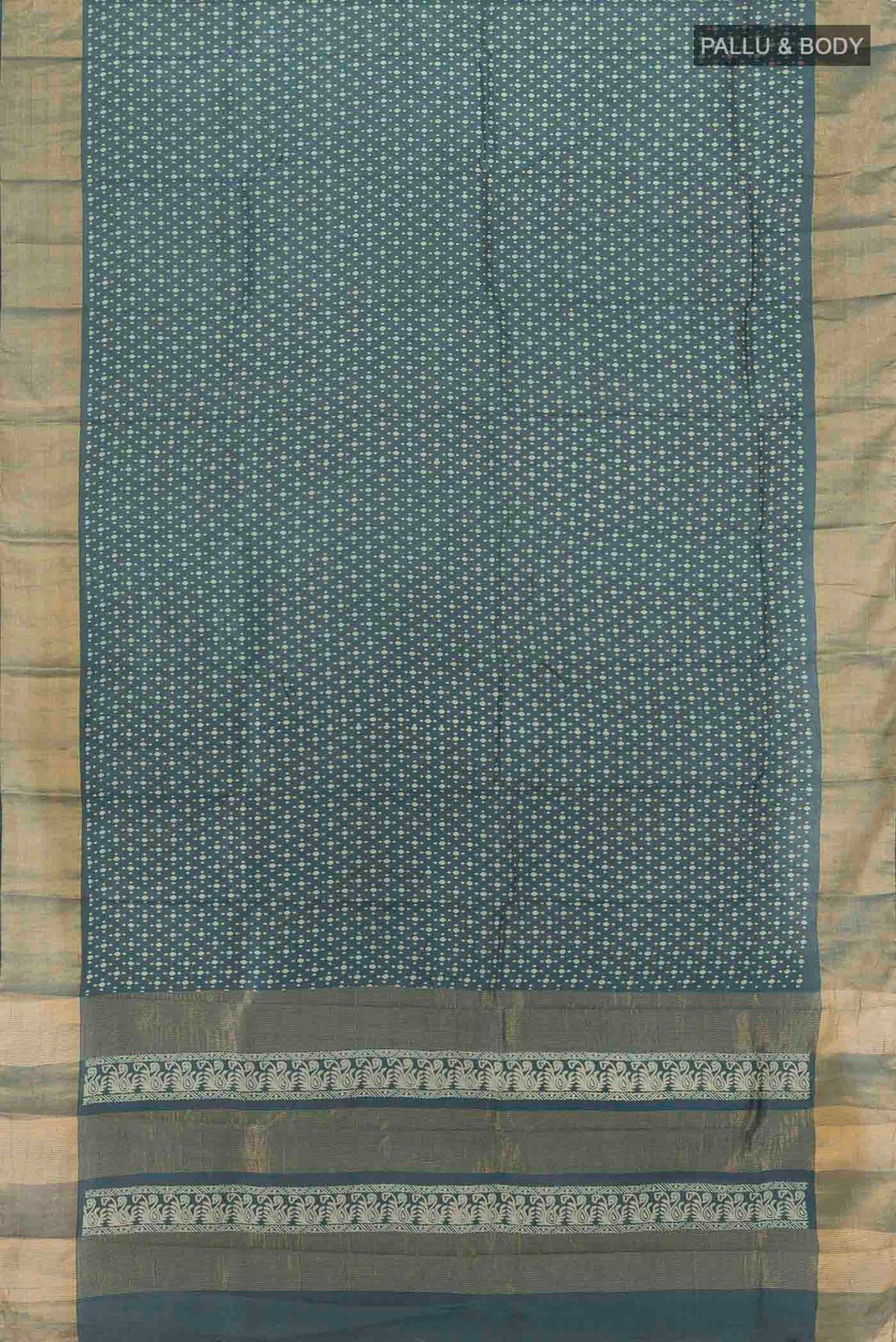Flat view of Navy Blue Tussar Silk Saree with Floral Print on the body and Silk Border. 