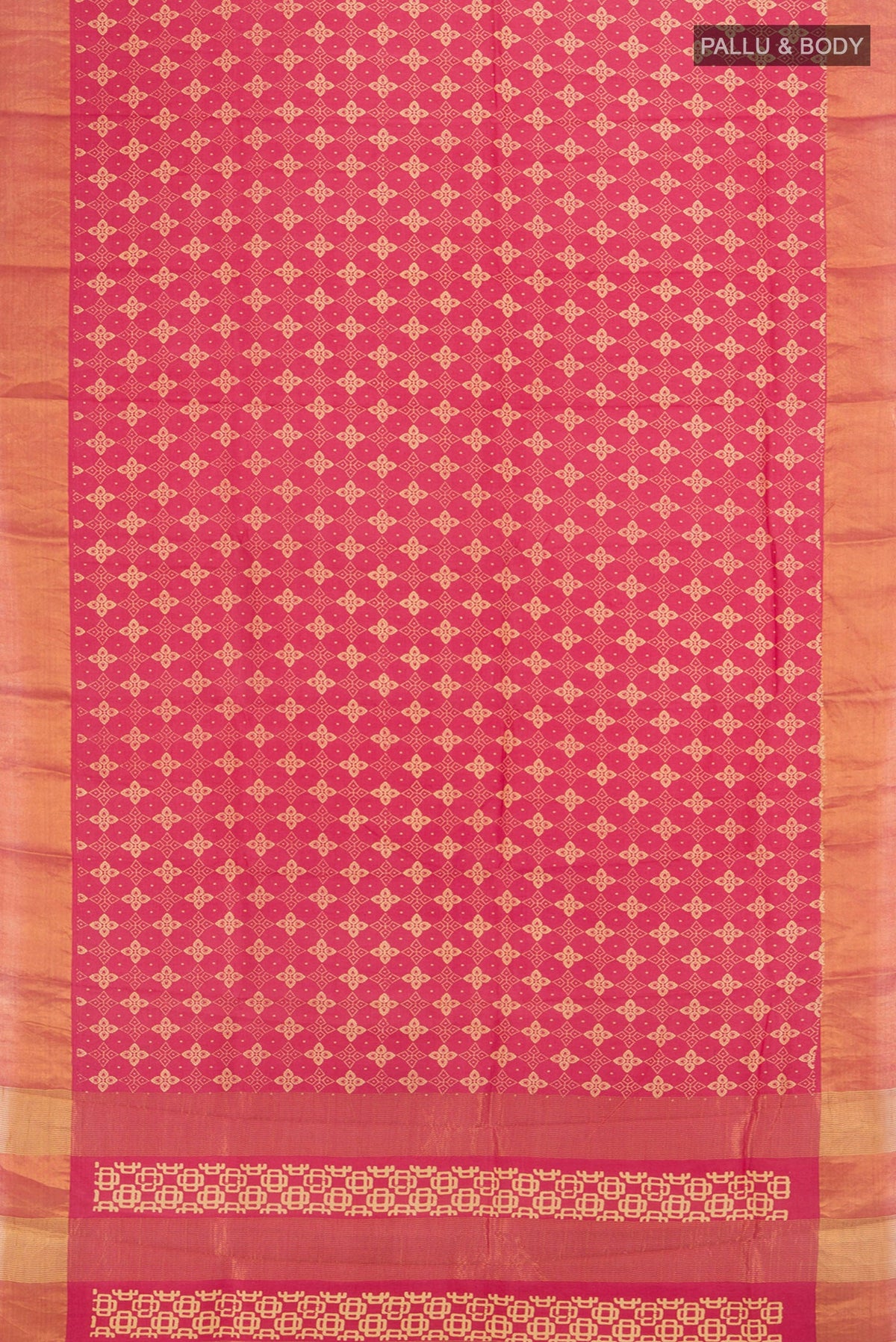 Flat view of Pink Tussar Silk Saree with Floral Print on the body and Zari Border. 