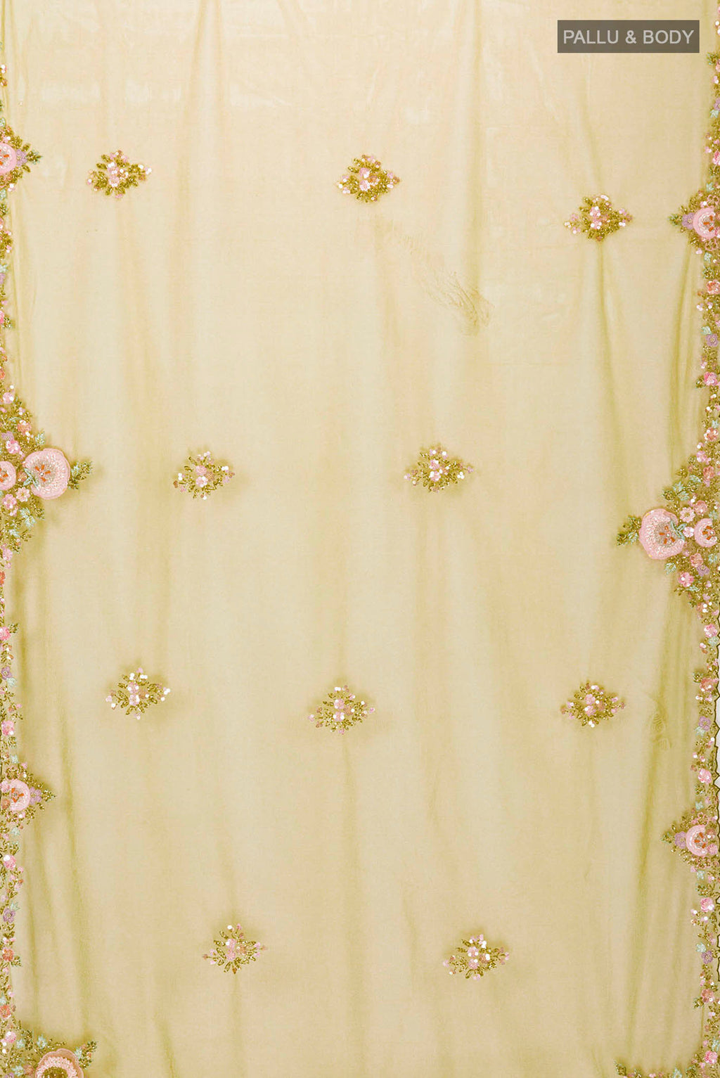 Flat view of Green Embroidery Net Saree with Embroidery on the body and Embroidery Border