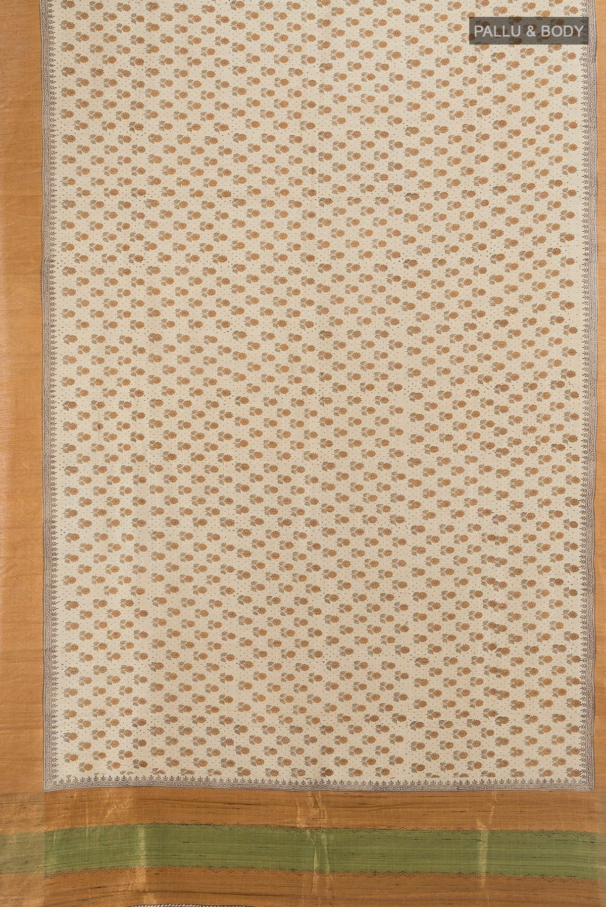 Flat view of Cream Tussar Silk Saree with Floral Print on the body and Silk Border. 