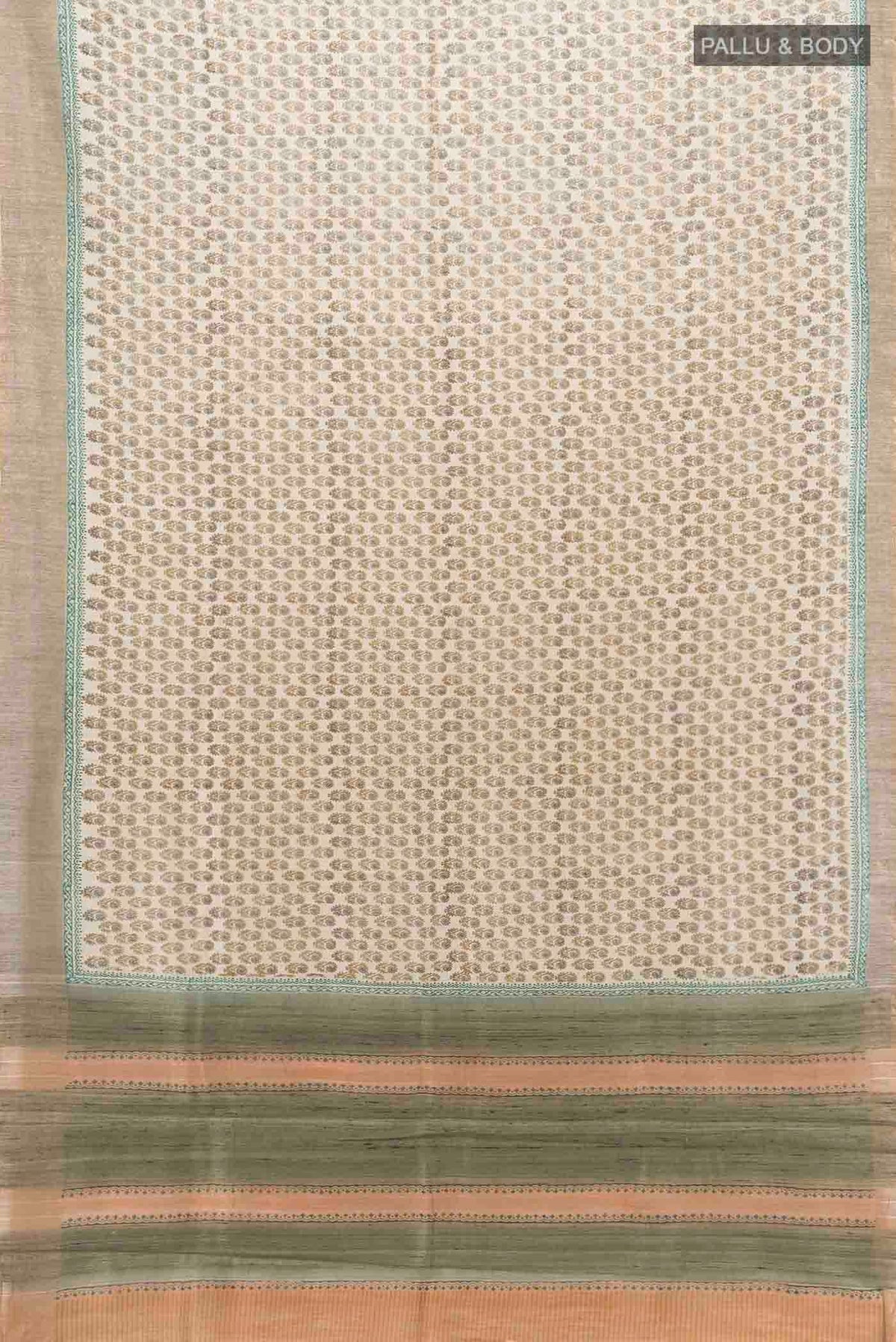 Flat view of Beige Tussar Silk Saree with Floral Print on the body and Zari Border