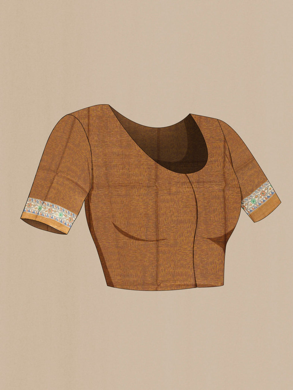 Close up image of the blouse of Brown Tussar Silk Saree with Floral Print on the body and Printed Border. 