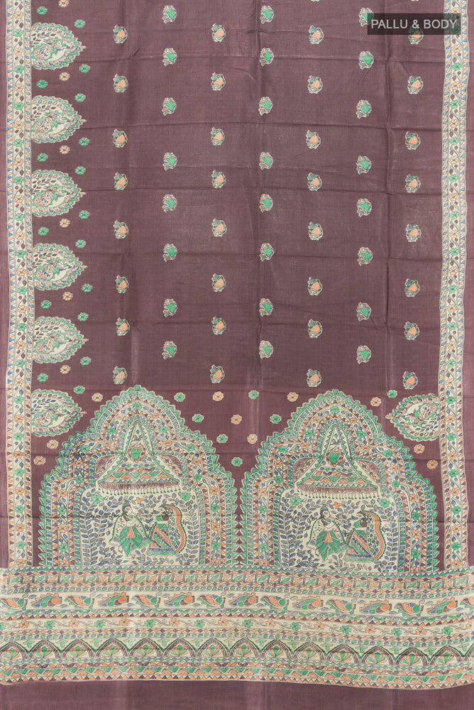 Flat view of Brown Tussar Silk Saree with Floral Print on the body and Silk Border. 