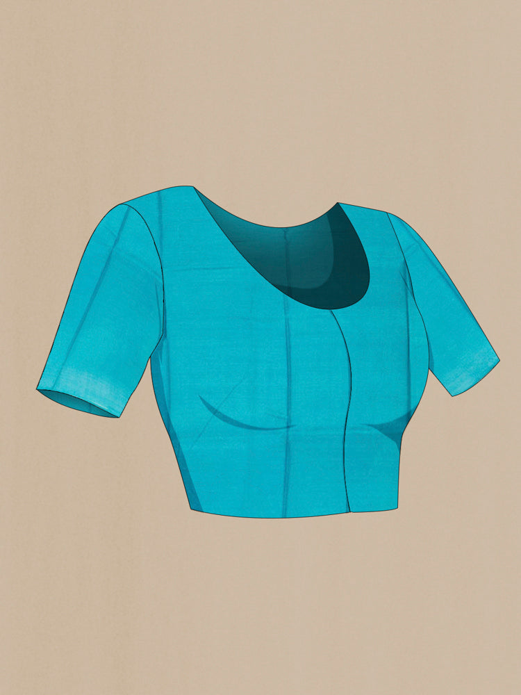Close up image of the blouse of Light Blue Tussar Silk Saree with Floral Print on the body and Silk Border. 