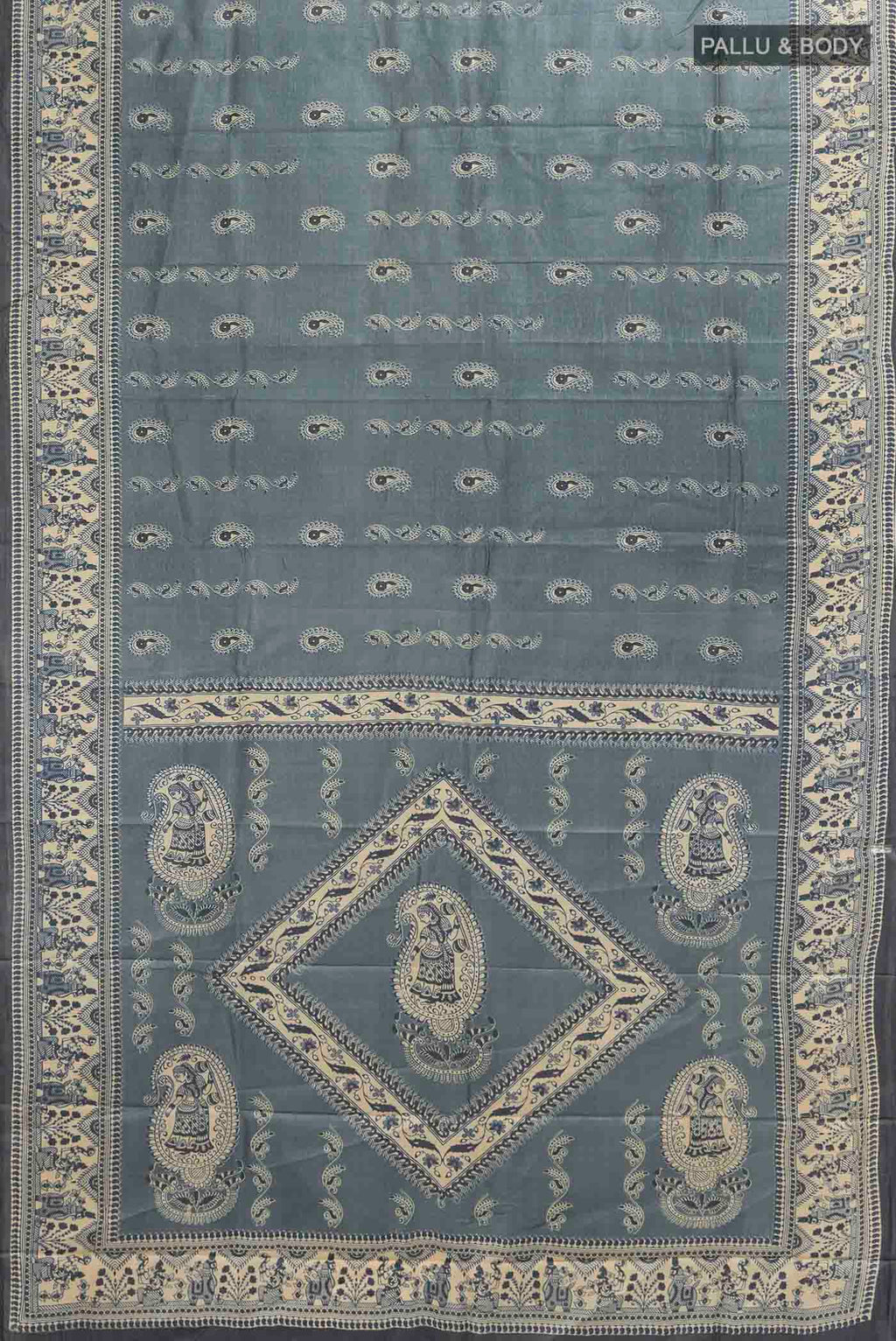 Flat view of Grey Tussar Saree with Printed design on the body and Fancy Border