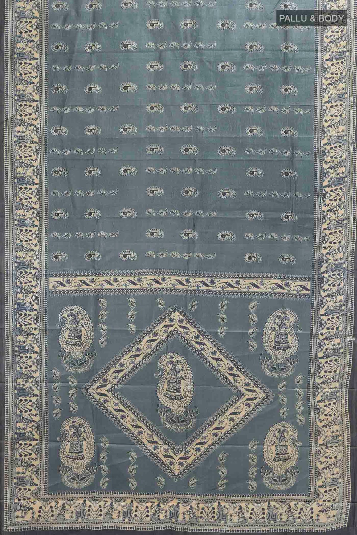 Flat view of Grey Tussar Saree with Printed design on the body and Fancy Border