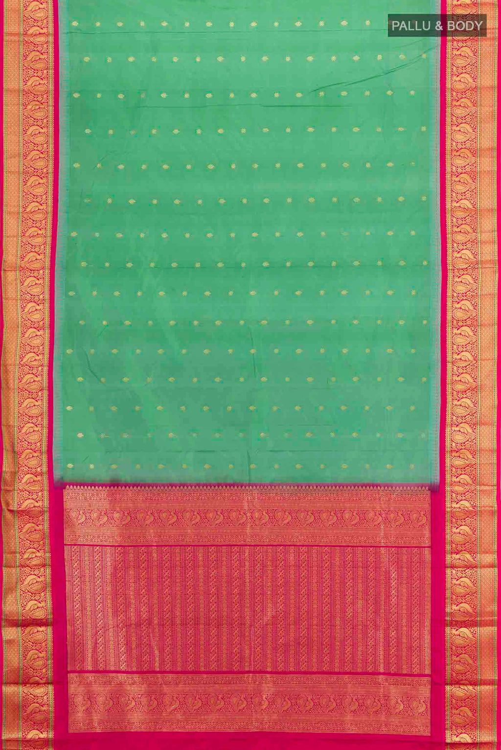 Flat view of Light Green Bangalore Silk Saree with Zari Butta on the body and Silk Border. 