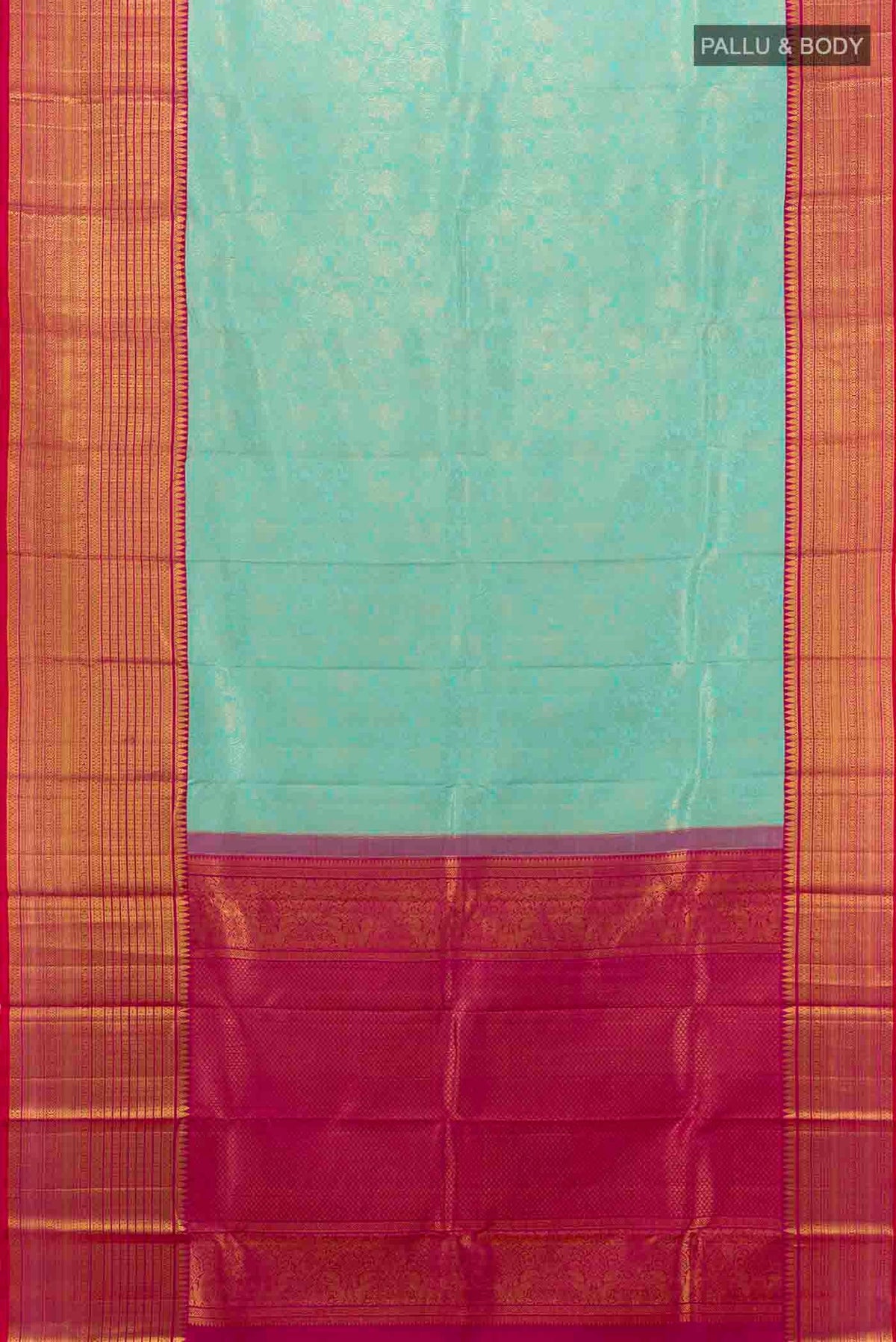 Flat view of Sky Blue Kanchipuram Silk Saree with Zari Brocade on the body and Silk Border