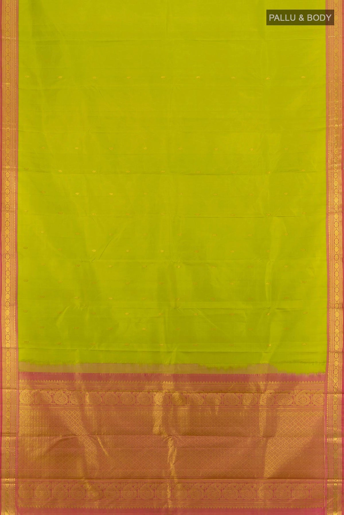 Flat view of Light Green Kanchipuram Silk Saree with Zari Butta on the body and Zari Border. 