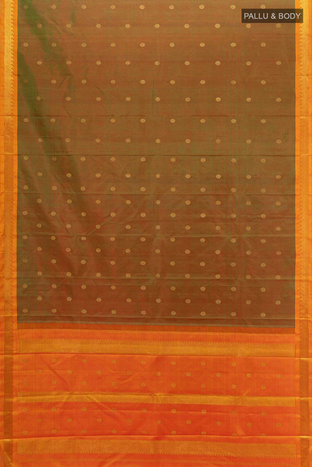 Flat view of Pure Silk Pure Zari Light Green Kanchipuram Saree with Zari Brocade on the body and Silk Border