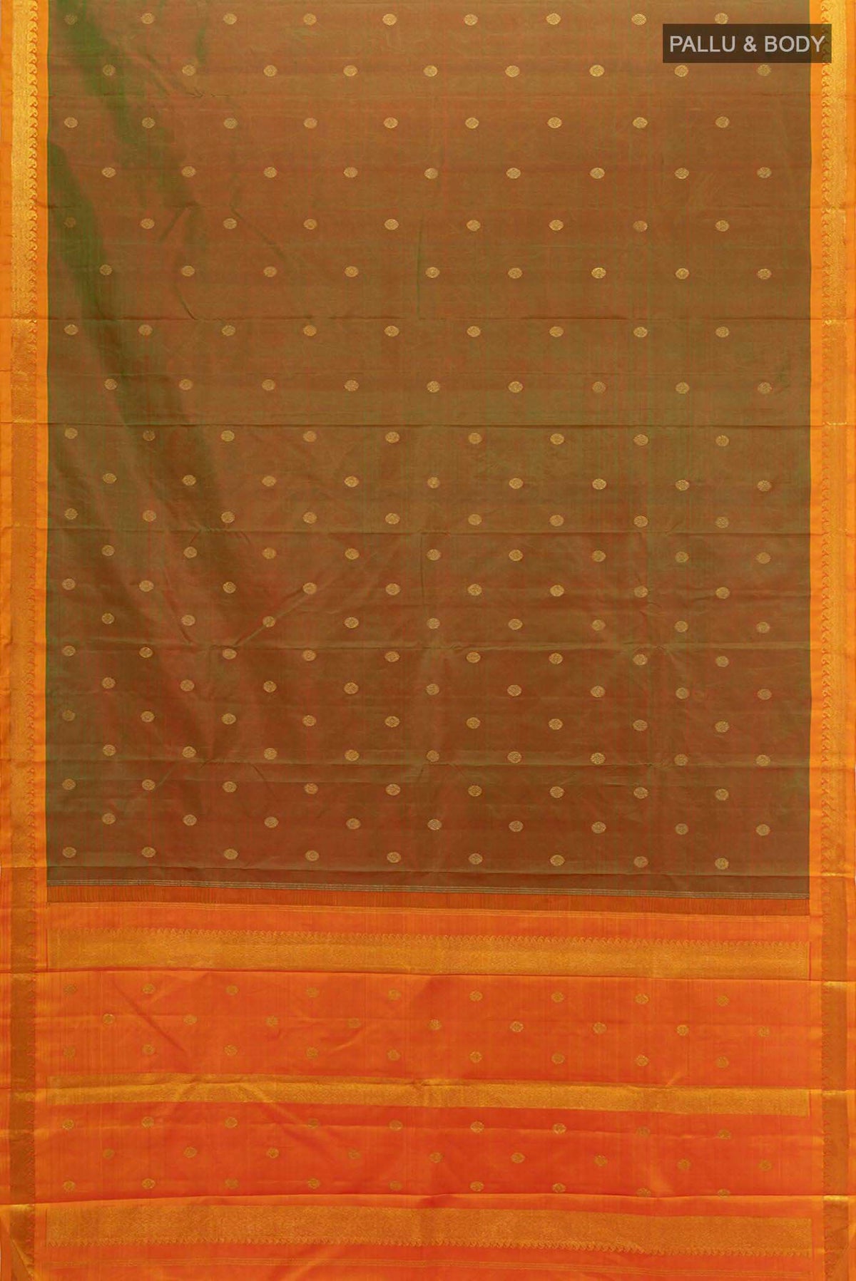 Flat view of Pure Silk Pure Zari Light Green Kanchipuram Saree with Zari Brocade on the body and Silk Border