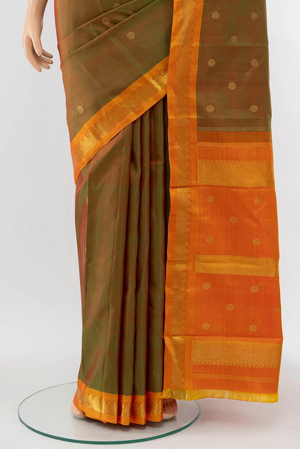 Pleats and pallu of Pure Silk Pure Zari Light Green Kanchipuram Saree with Zari Brocade on the body and Silk Border
