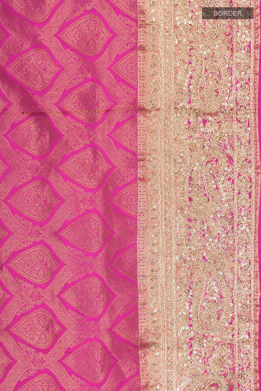 Border image of Pink Kanchipuram Silk Saree with Zari Brocade on the body and Embroidery Border