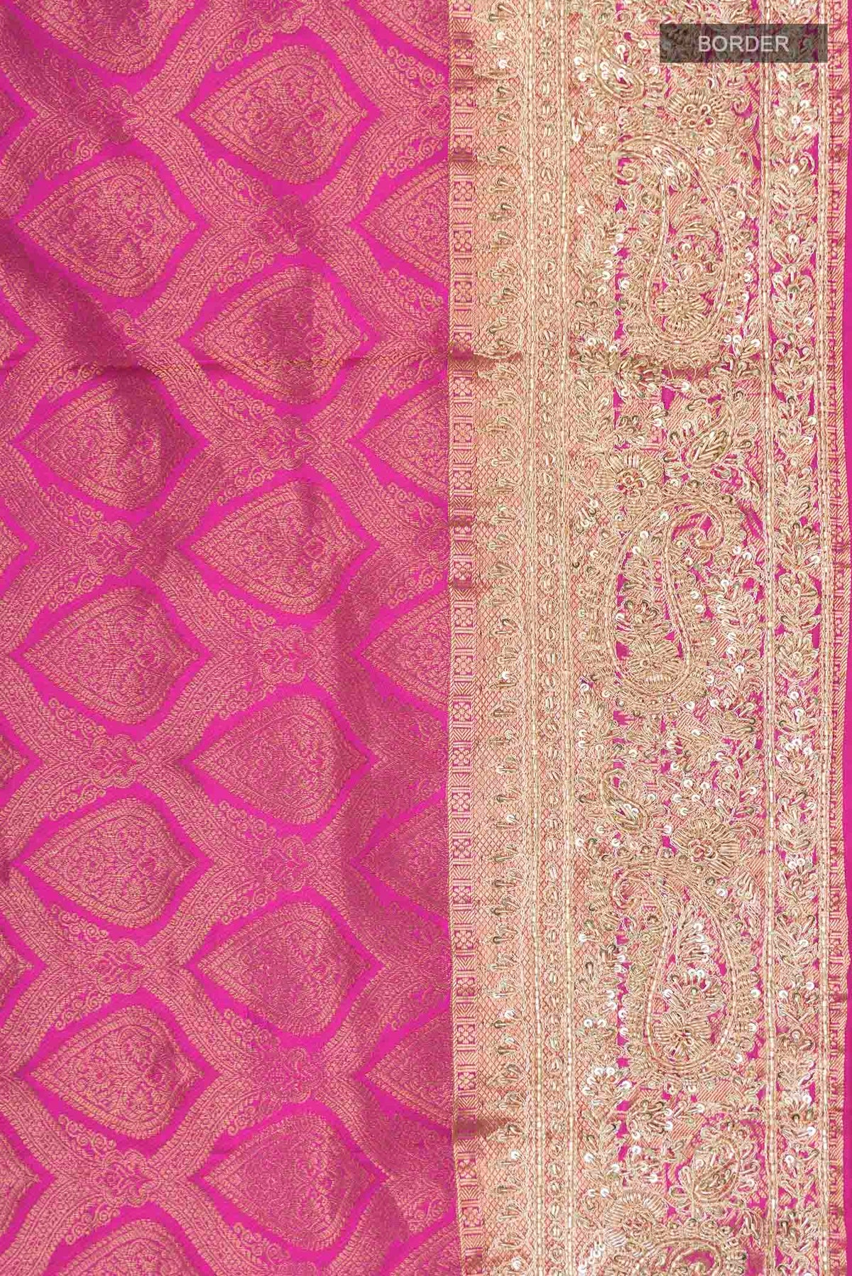 Border image of Pink Kanchipuram Silk Saree with Zari Brocade on the body and Embroidery Border
