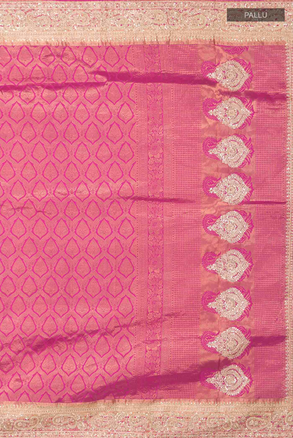 Close up image of the pallu of Pink Kanchipuram Silk Saree with Zari Brocade on the body and Embroidery Border