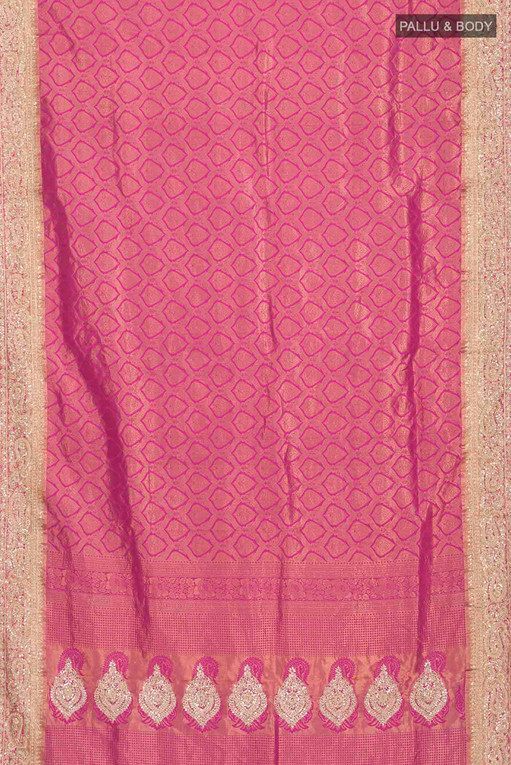 Flat view of Pink Kanchipuram Silk Saree with Zari Brocade on the body and Embroidery Border