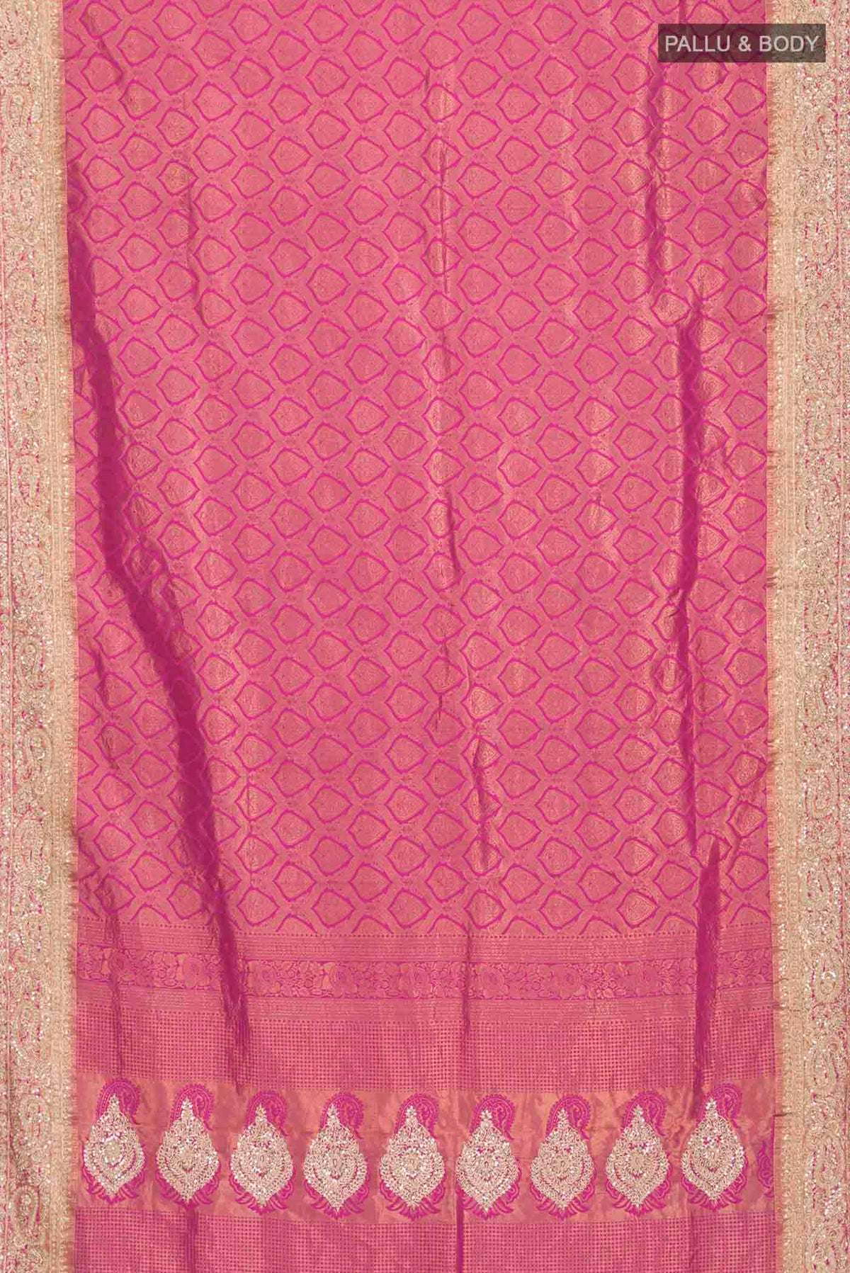 Flat view of Pink Kanchipuram Silk Saree with Zari Brocade on the body and Embroidery Border