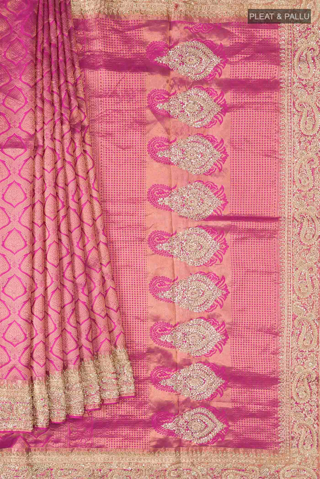 Pleats and pallu of Pink Kanchipuram Silk Saree with Zari Brocade on the body and Embroidery Border