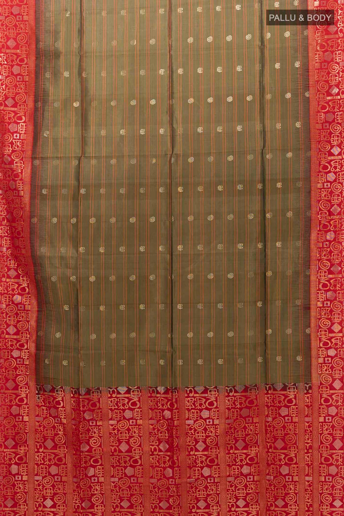 Flat view of Beige Blended Soft Silk Saree with Zari Butta on the body and Zari Border