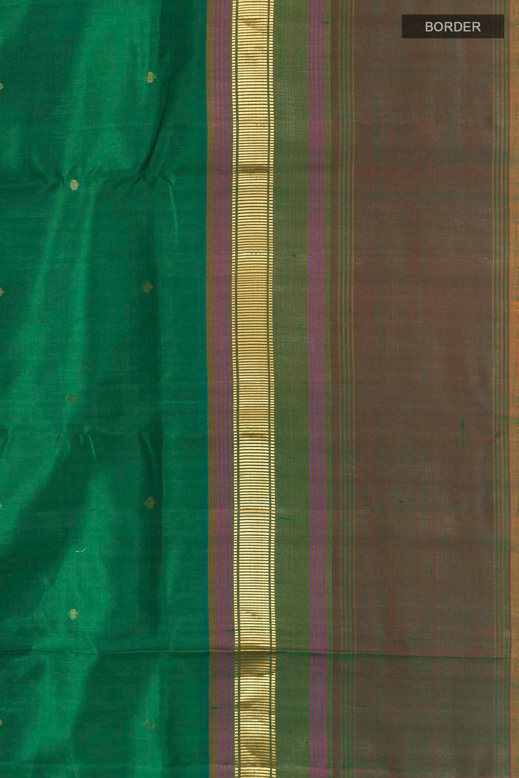 Border image of Green Kanchipuram Silk Saree with Zari Butta on the body and Zari Border