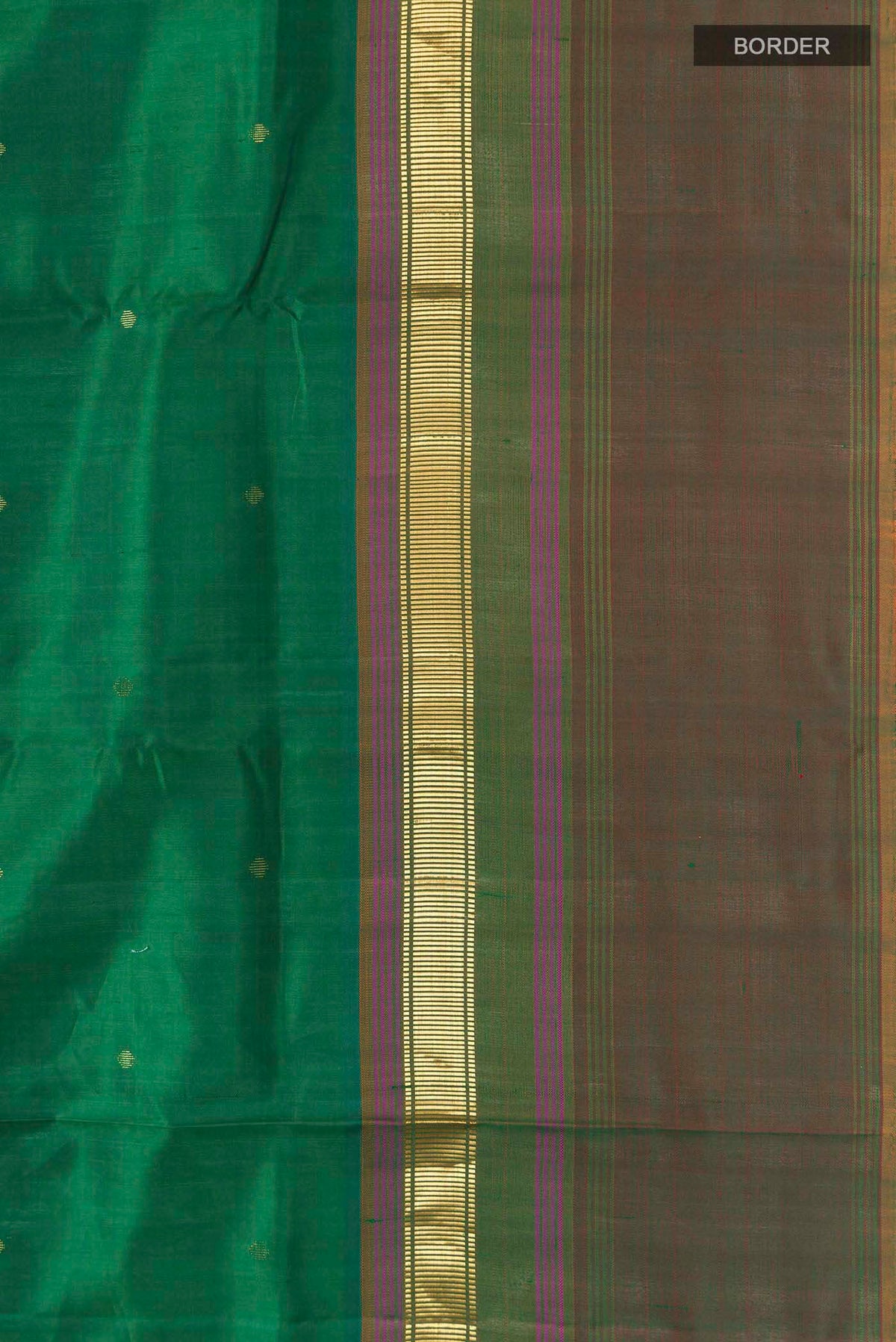 Border image of Green Kanchipuram Silk Saree with Zari Butta on the body and Zari Border