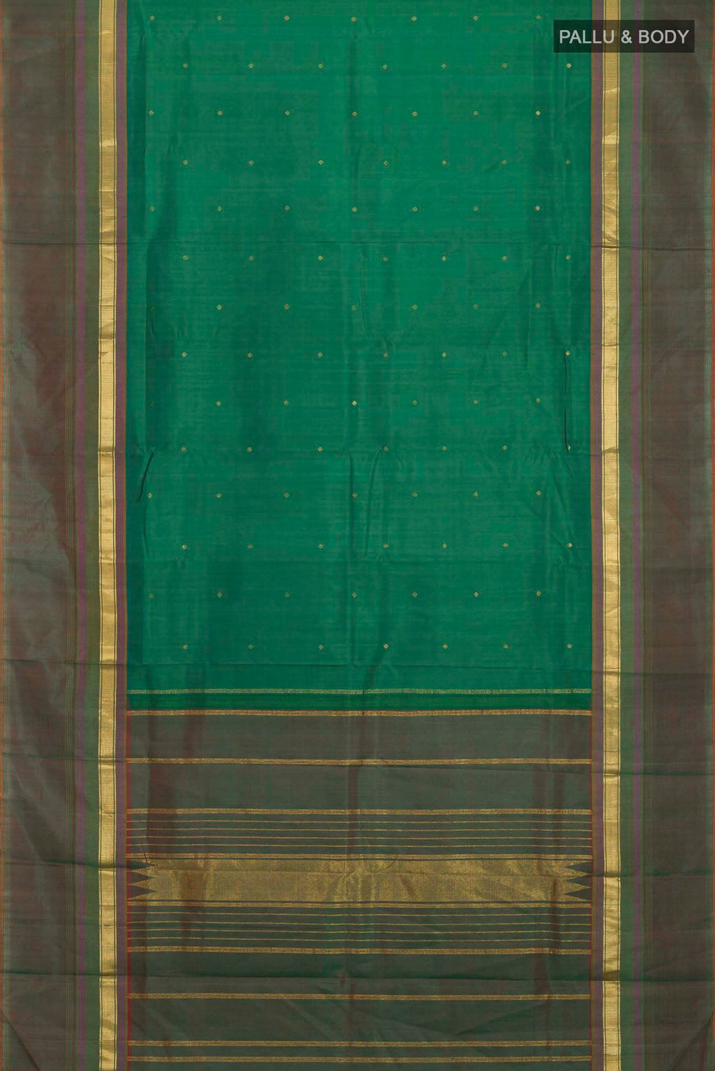 Flat view of Green Kanchipuram Silk Saree with Zari Butta on the body and Zari Border