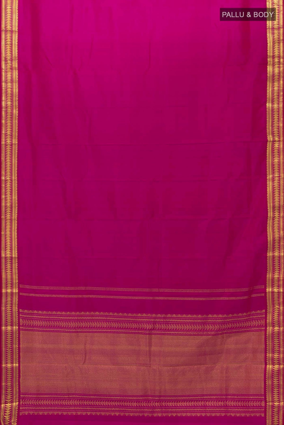 Flat view of Magenta Kanchipuram Silk Saree with Plain Body and Fancy Border